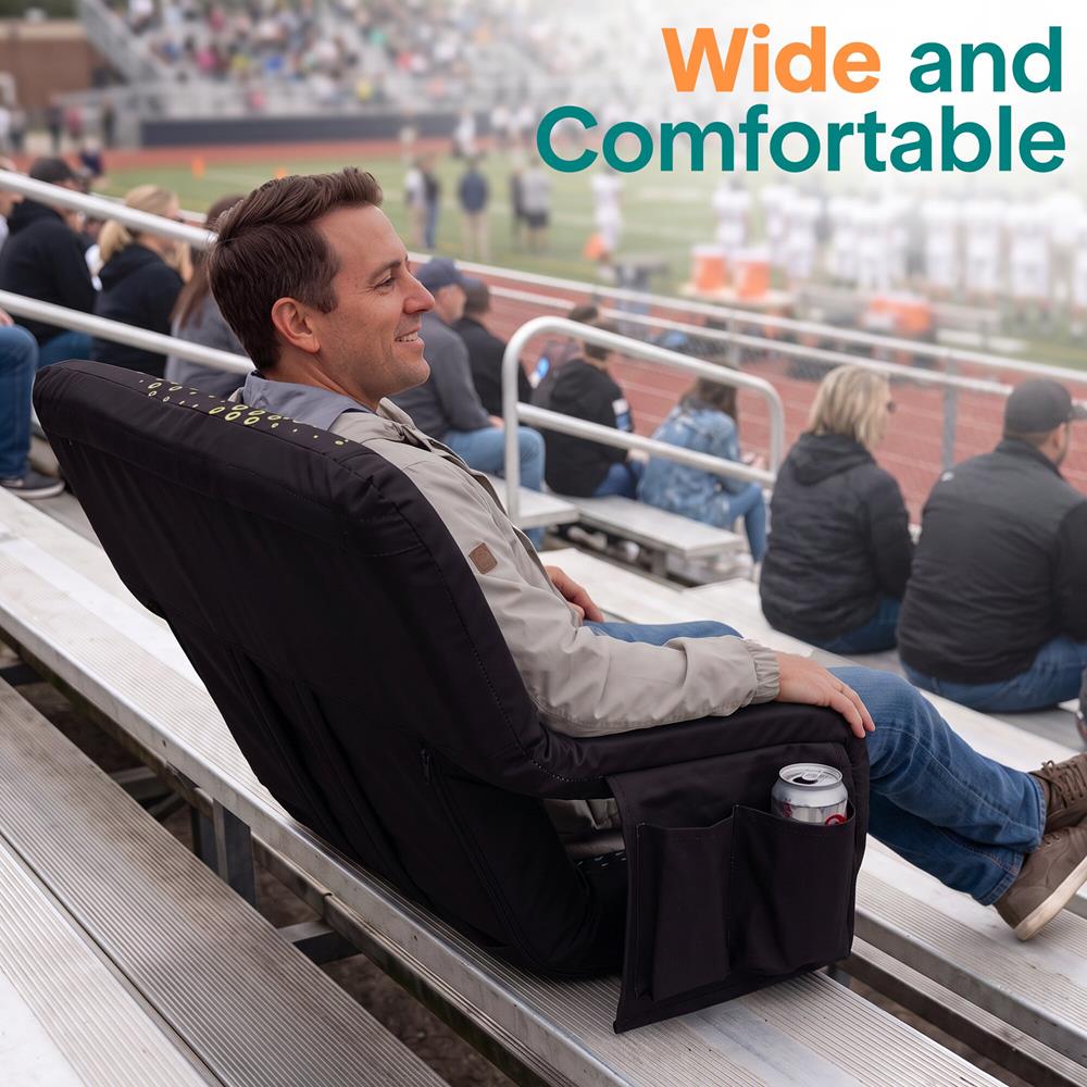 Serenelife 25” Foldable Stadium Chair With Backrest – 6 Adjustable Reclining Angles, Cup Holder, Padded Armrests, And Storage Pockets (Black)