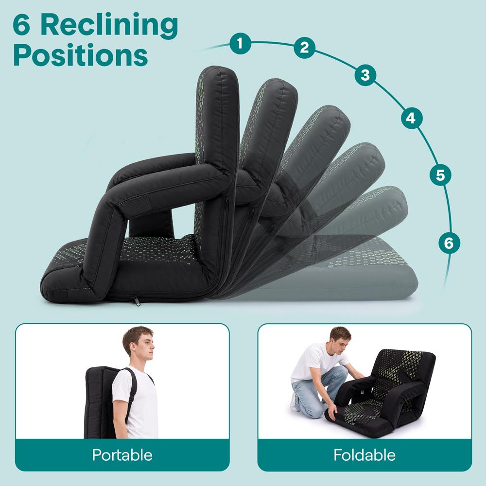 Serenelife 25” Foldable Stadium Chair With Backrest – 6 Adjustable Reclining Angles, Cup Holder, Padded Armrests, And Storage Pockets (Black)