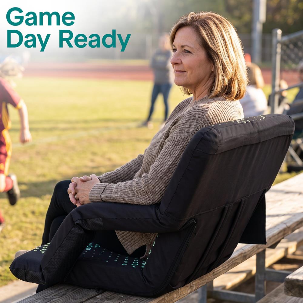 Serenelife 25” Foldable Stadium Chair With Backrest – 6 Adjustable Reclining Angles, Cup Holder, Padded Armrests, And Storage Pockets (Black)