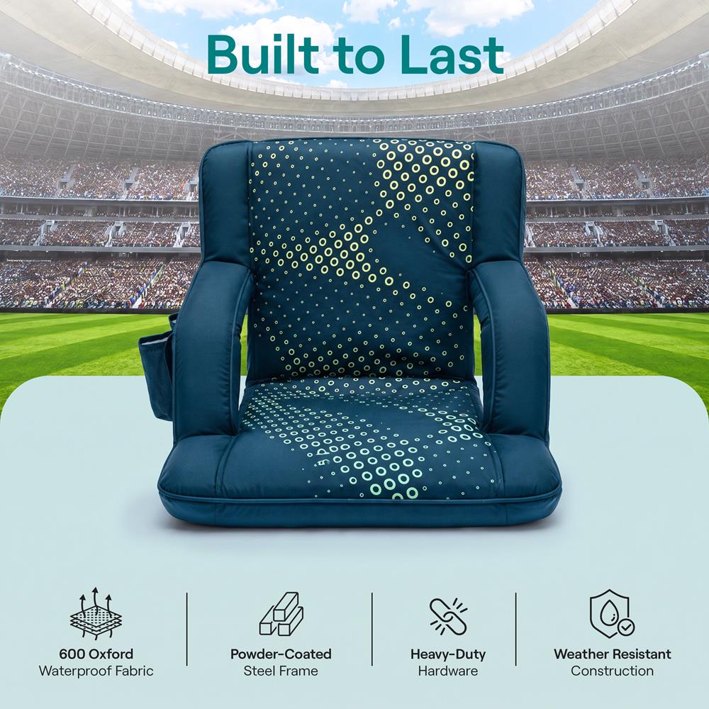 Serenelife 25” Foldable Stadium Chair With Backrest – 6 Adjustable Reclining Angles, Cup Holder, Padded Armrests, And Storage Pockets (Blue)