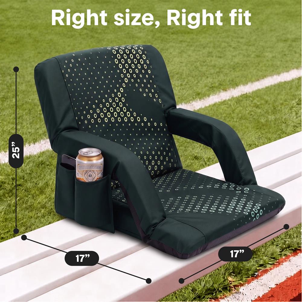 Serenelife 25” Foldable Stadium Chair With Backrest – 6 Adjustable Reclining Angles, Cup Holder, Padded Armrests, And Storage Pockets (Green)