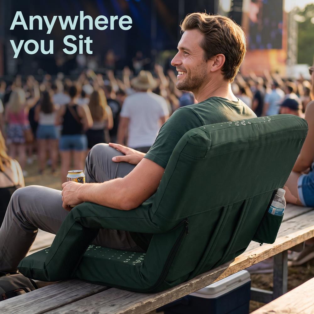 Serenelife 25” Foldable Stadium Chair With Backrest – 6 Adjustable Reclining Angles, Cup Holder, Padded Armrests, And Storage Pockets (Green)