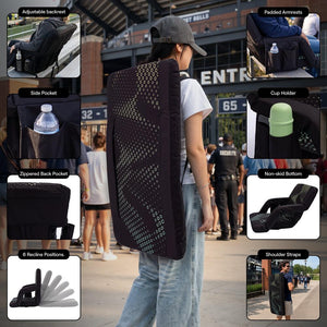 Serenelife 21” Foldable Stadium Chair Set With Backrest – 6 Adjustable Reclining Angles, Cup Holder, Padded Armrests, And Storage Pockets (Black)