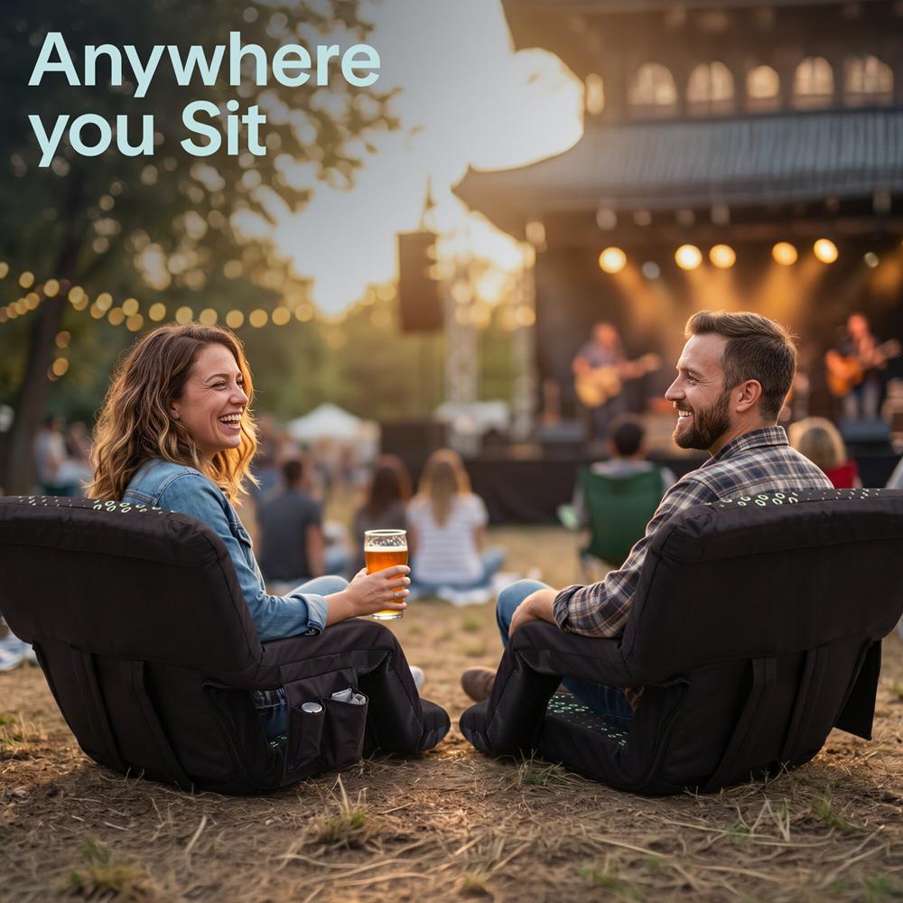Serenelife 21” Foldable Stadium Chair Set With Backrest – 6 Adjustable Reclining Angles, Cup Holder, Padded Armrests, And Storage Pockets (Black)