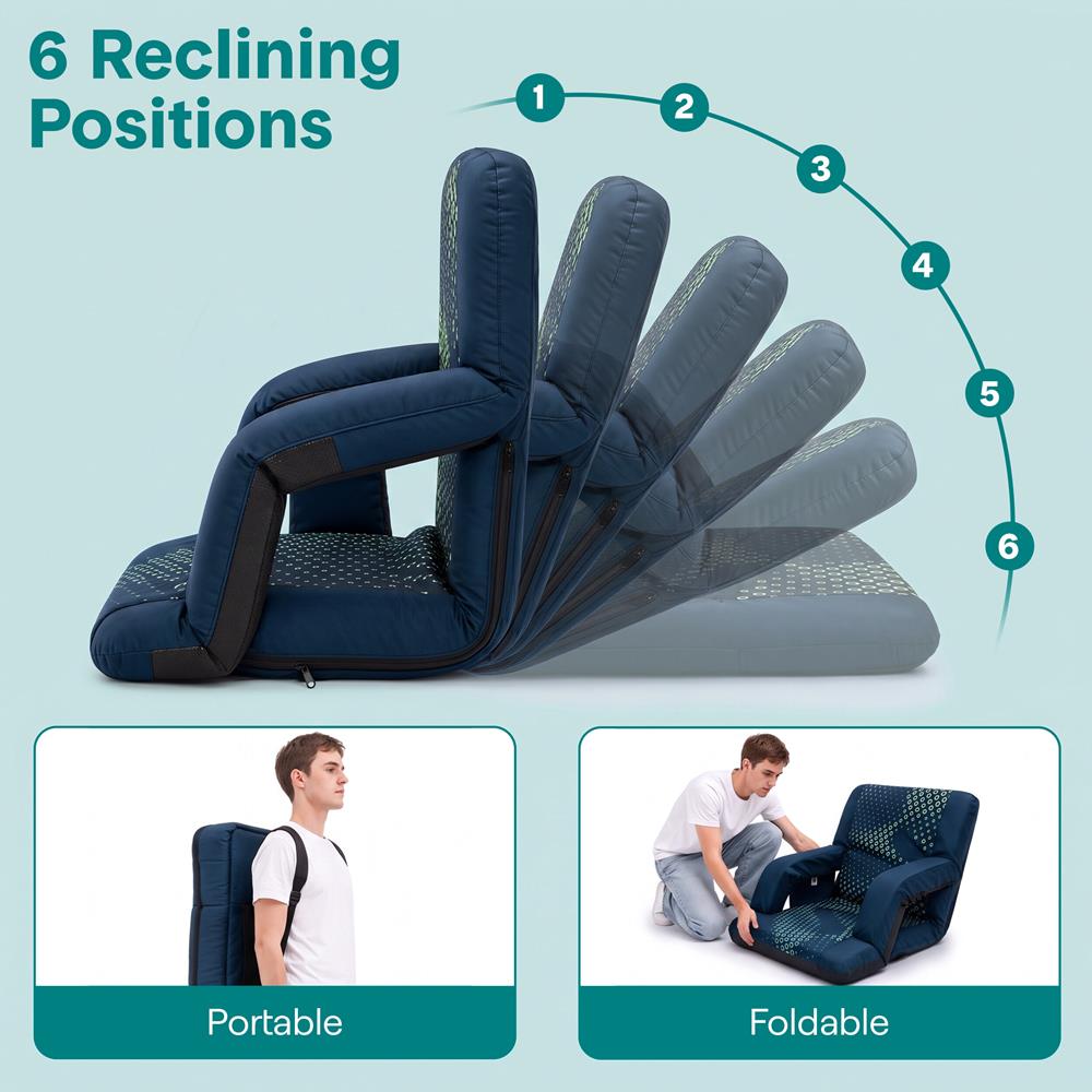 Serenelife 21” Foldable Stadium Chair Set With Backrest – 6 Adjustable Reclining Angles, Cup Holder, Padded Armrests, And Storage Pockets (Blue)