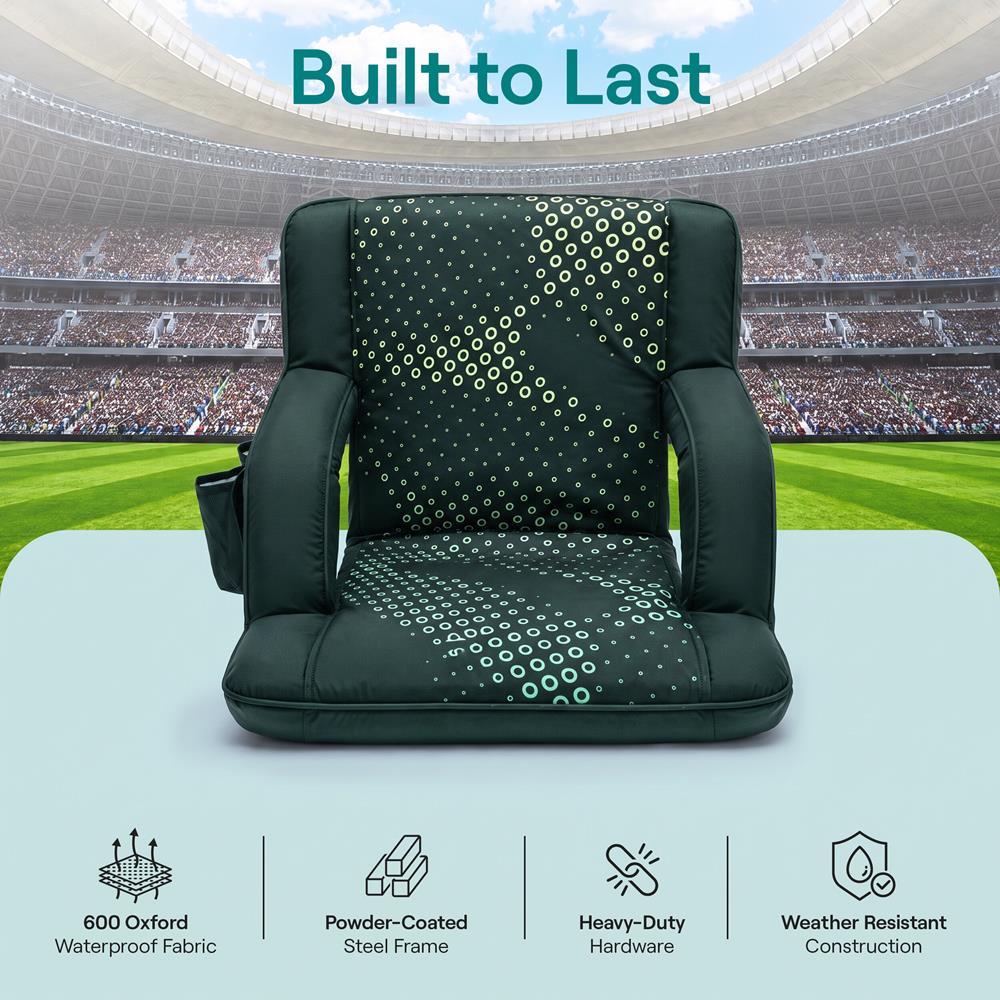 Serenelife 21” Foldable Stadium Chair Set With Backrest – 6 Adjustable Reclining Angles, Cup Holder, Padded Armrests, And Storage Pockets (Green)