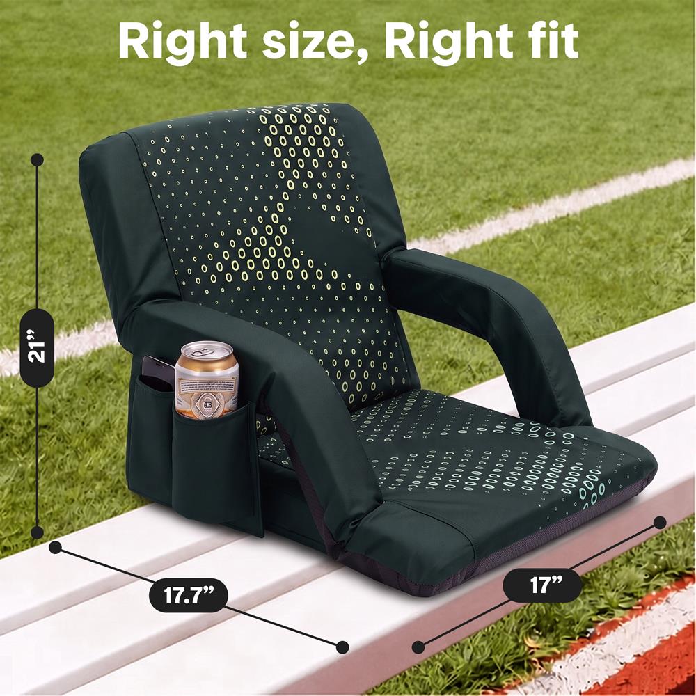 Serenelife 21” Foldable Stadium Chair Set With Backrest – 6 Adjustable Reclining Angles, Cup Holder, Padded Armrests, And Storage Pockets (Green)