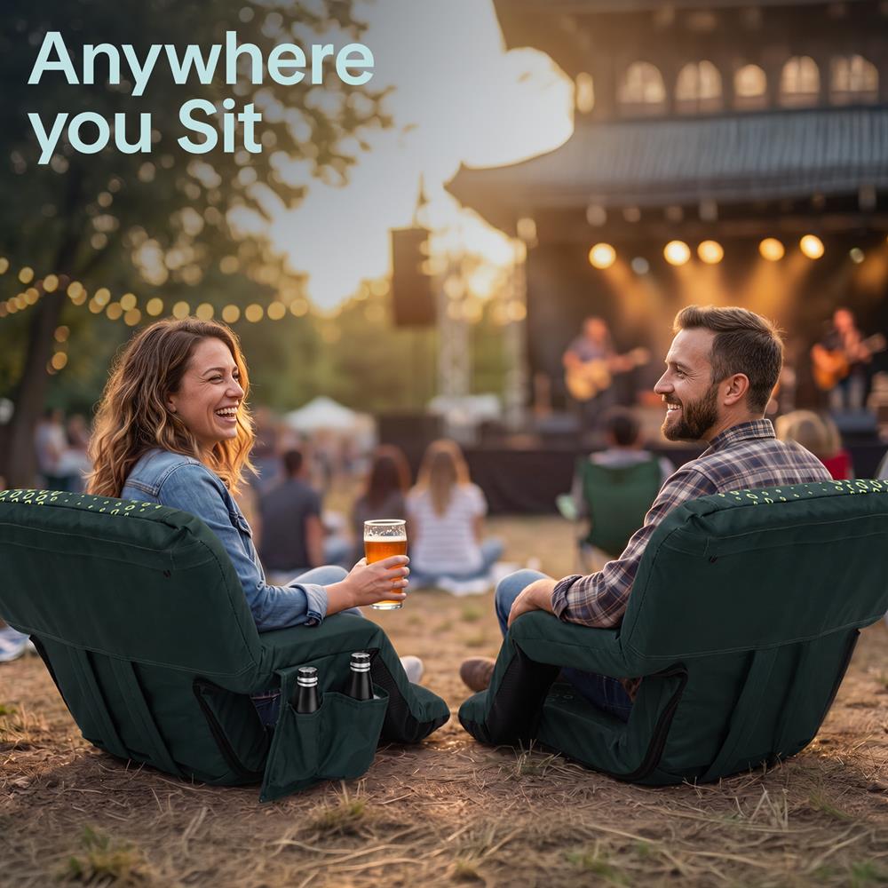 Serenelife 21” Foldable Stadium Chair Set With Backrest – 6 Adjustable Reclining Angles, Cup Holder, Padded Armrests, And Storage Pockets (Green)