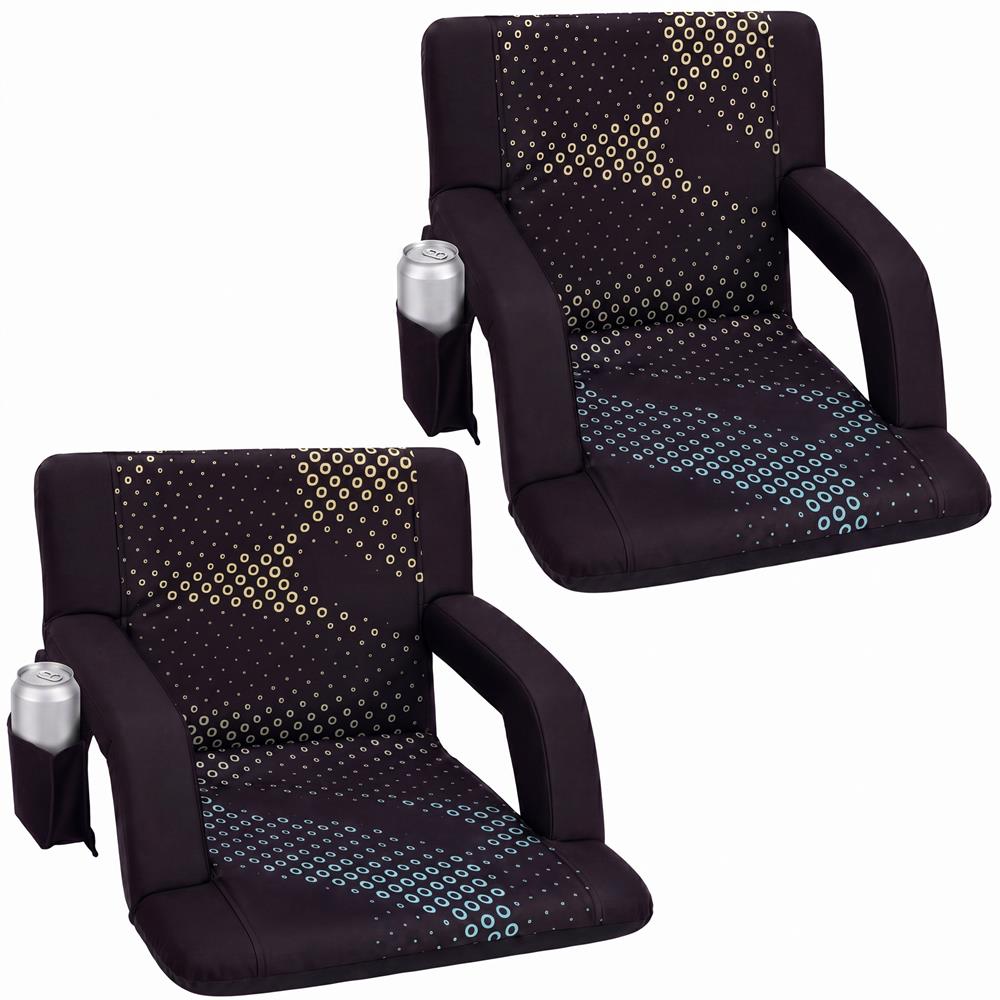 Serenelife 25” Foldable Stadium Chair Set With Backrest – 6 Adjustable Reclining Angles, Cup Holder, Padded Armrests, And Storage Pockets (Black)