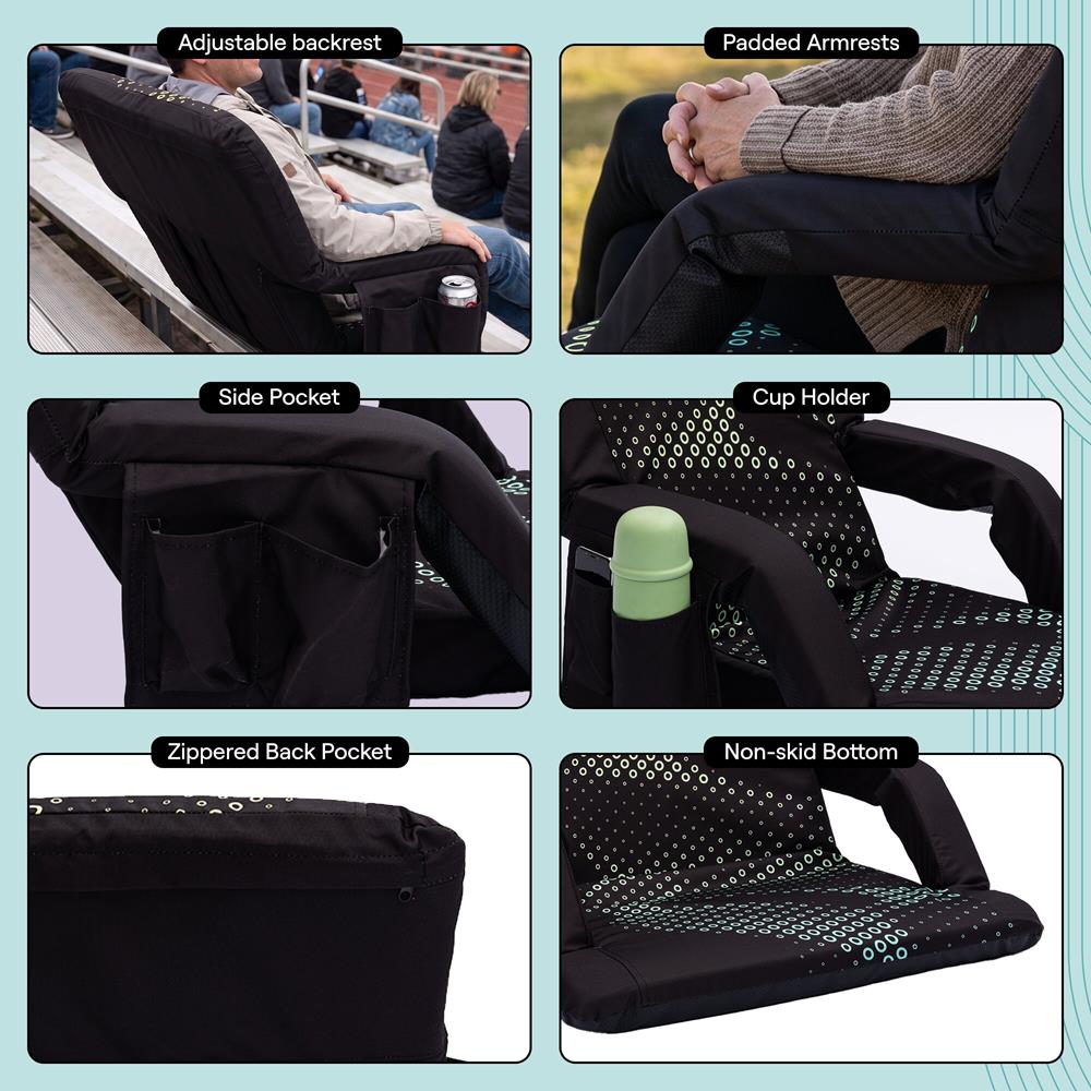Serenelife 25” Foldable Stadium Chair Set With Backrest – 6 Adjustable Reclining Angles, Cup Holder, Padded Armrests, And Storage Pockets (Black)