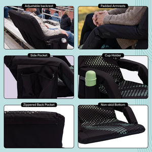 Serenelife 25” Foldable Stadium Chair Set With Backrest – 6 Adjustable Reclining Angles, Cup Holder, Padded Armrests, And Storage Pockets (Black)
