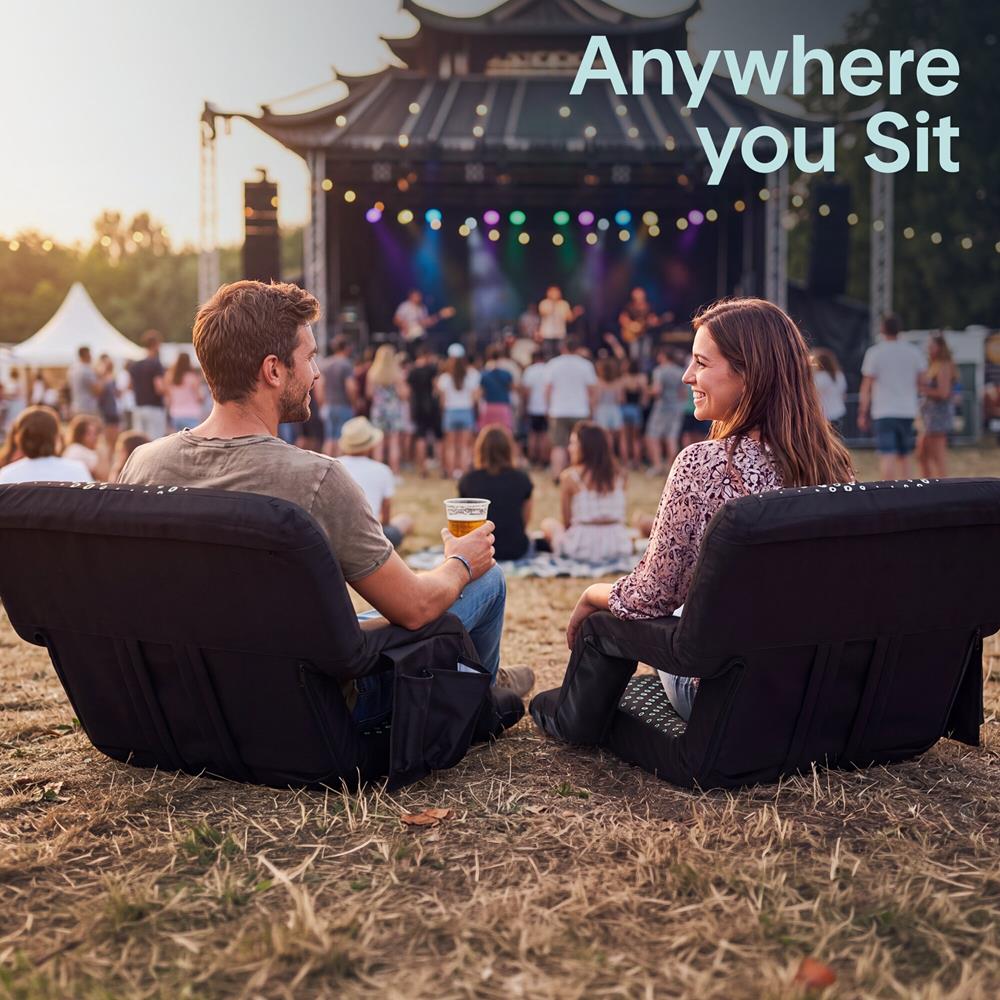 Serenelife 25” Foldable Stadium Chair Set With Backrest – 6 Adjustable Reclining Angles, Cup Holder, Padded Armrests, And Storage Pockets (Black)