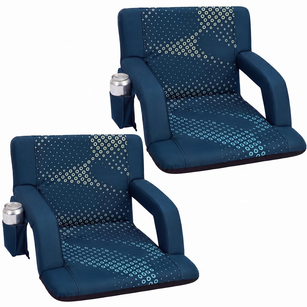 Serenelife 25” Foldable Stadium Chair Set With Backrest – 6 Adjustable Reclining Angles, Cup Holder, Padded Armrests, And Storage Pockets (Blue)