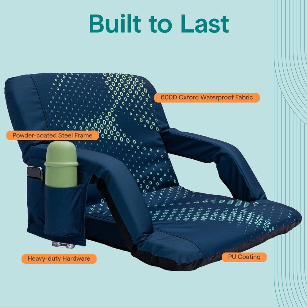 Serenelife 25” Foldable Stadium Chair Set With Backrest – 6 Adjustable Reclining Angles, Cup Holder, Padded Armrests, And Storage Pockets (Blue)