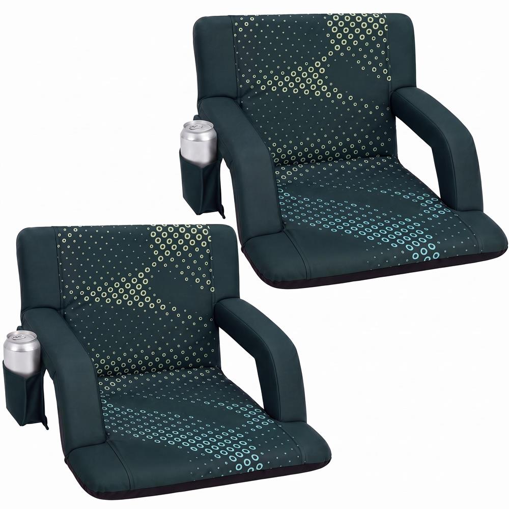 Serenelife 25” Foldable Stadium Chair Set With Backrest – 6 Adjustable Reclining Angles, Cup Holder, Padded Armrests, And Storage Pockets (Green)