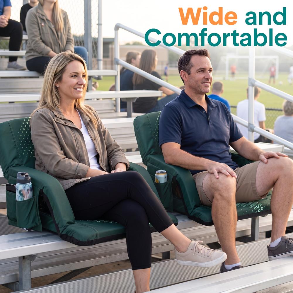 Serenelife 25” Foldable Stadium Chair Set With Backrest – 6 Adjustable Reclining Angles, Cup Holder, Padded Armrests, And Storage Pockets (Green)