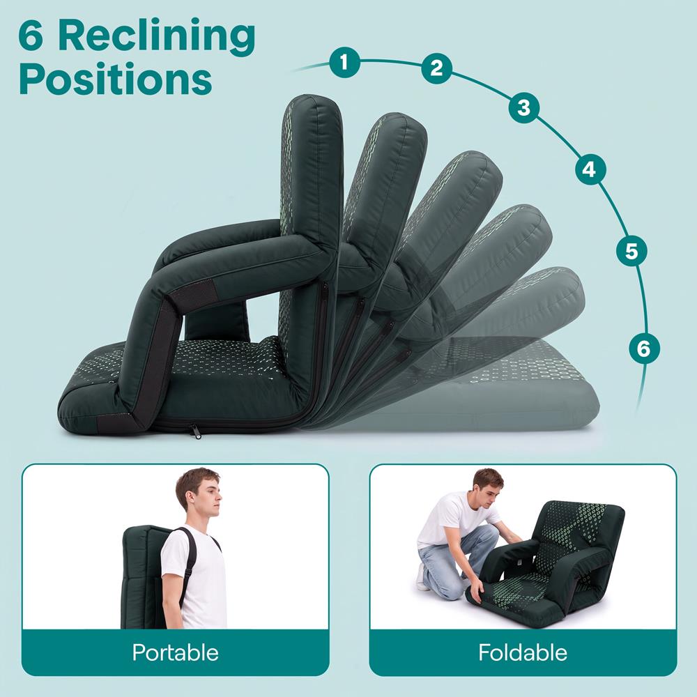 Serenelife 25” Foldable Stadium Chair Set With Backrest – 6 Adjustable Reclining Angles, Cup Holder, Padded Armrests, And Storage Pockets (Green)