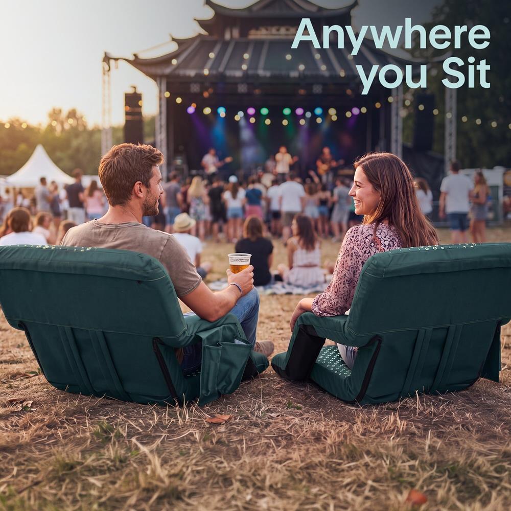 Serenelife 25” Foldable Stadium Chair Set With Backrest – 6 Adjustable Reclining Angles, Cup Holder, Padded Armrests, And Storage Pockets (Green)