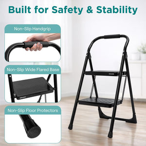 2-Step Folding Step Ladder With Wide Anti-Slip Pedal & Handrail – Sturdy Steel, Lightweight & Portable Step Stool For Home & Office Use (White)