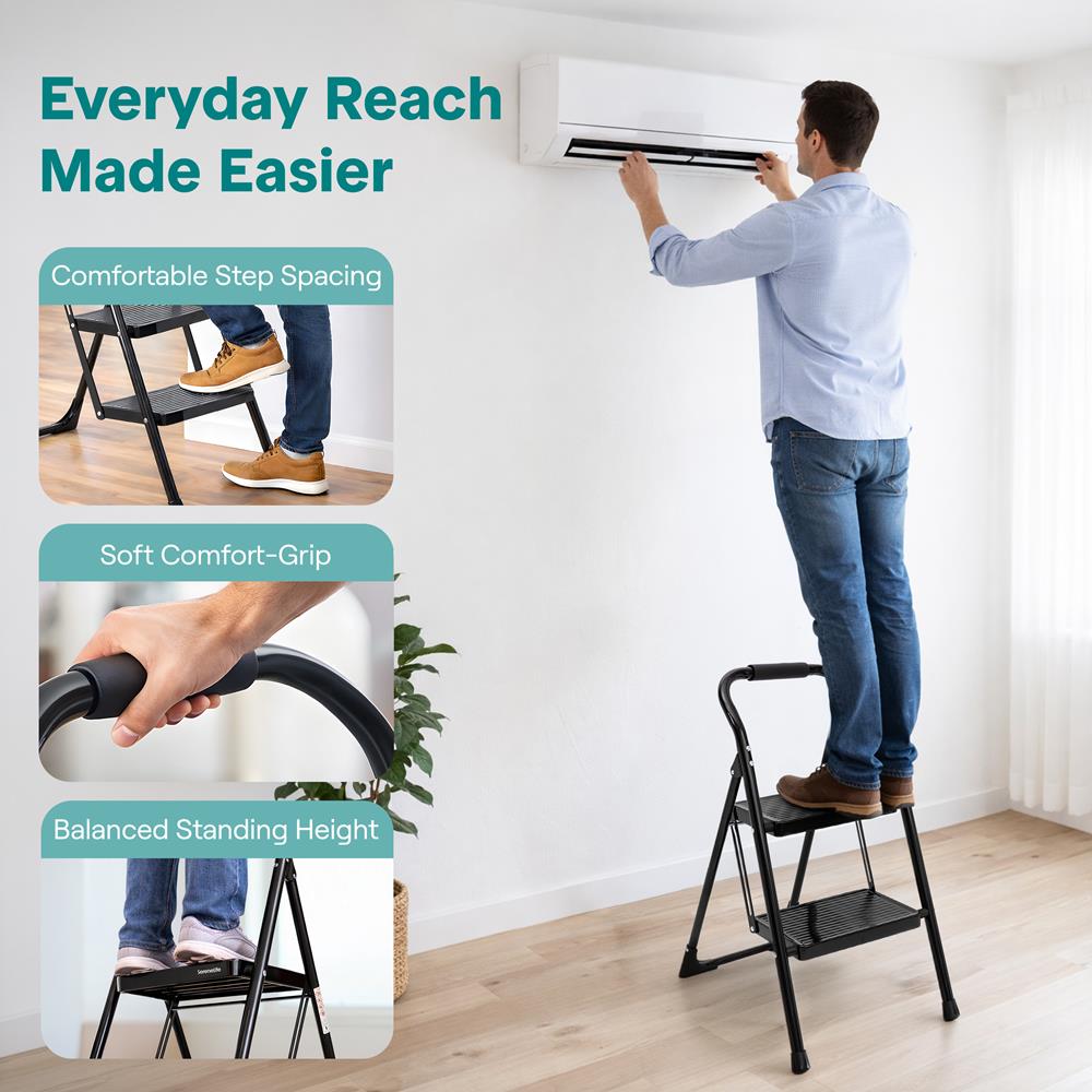 2-Step Folding Step Ladder With Wide Anti-Slip Pedal & Handrail – Sturdy Steel, Lightweight & Portable Step Stool For Home & Office Use (White)