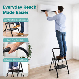 2-Step Folding Step Ladder With Wide Anti-Slip Pedal & Handrail – Sturdy Steel, Lightweight & Portable Step Stool For Home & Office Use (White)