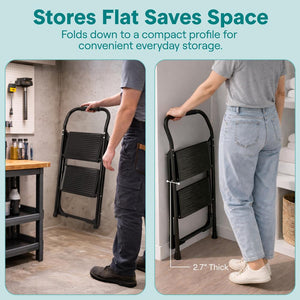 2-Step Folding Step Ladder With Wide Anti-Slip Pedal & Handrail – Sturdy Steel, Lightweight & Portable Step Stool For Home & Office Use (White)