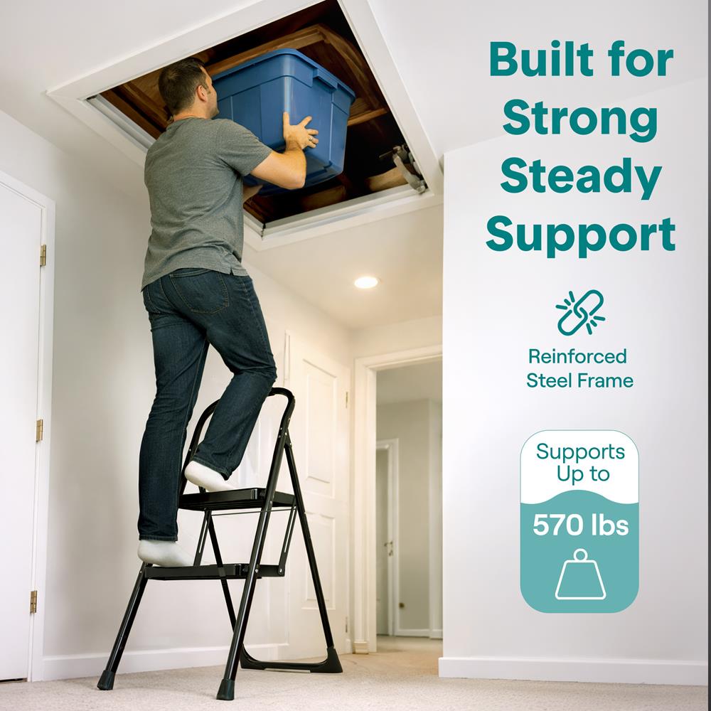 2-Step Folding Step Ladder With Wide Anti-Slip Pedal & Handrail – Sturdy Steel, Lightweight & Portable Step Stool For Home & Office Use (White)