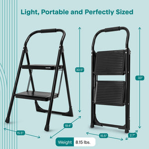 2-Step Folding Step Ladder With Wide Anti-Slip Pedal & Handrail – Sturdy Steel, Lightweight & Portable Step Stool For Home & Office Use (White)
