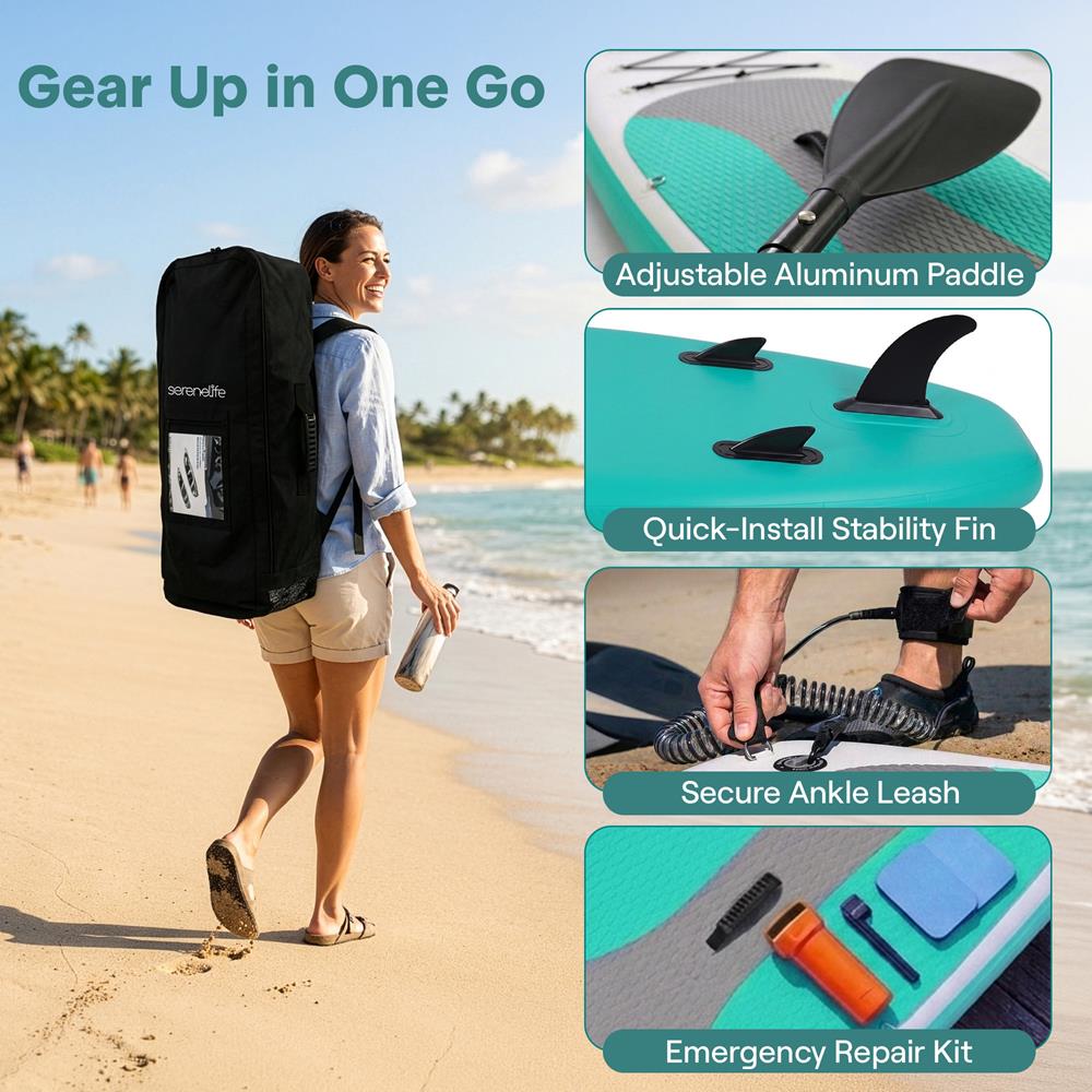 Free-Flow Welded Inflatable Stand-Up Paddle-Board With Double-Action Hand Pump, 3-Shaft Aluminum Paddle, Leash, Fin, Repair Kit And Backpack (Black)