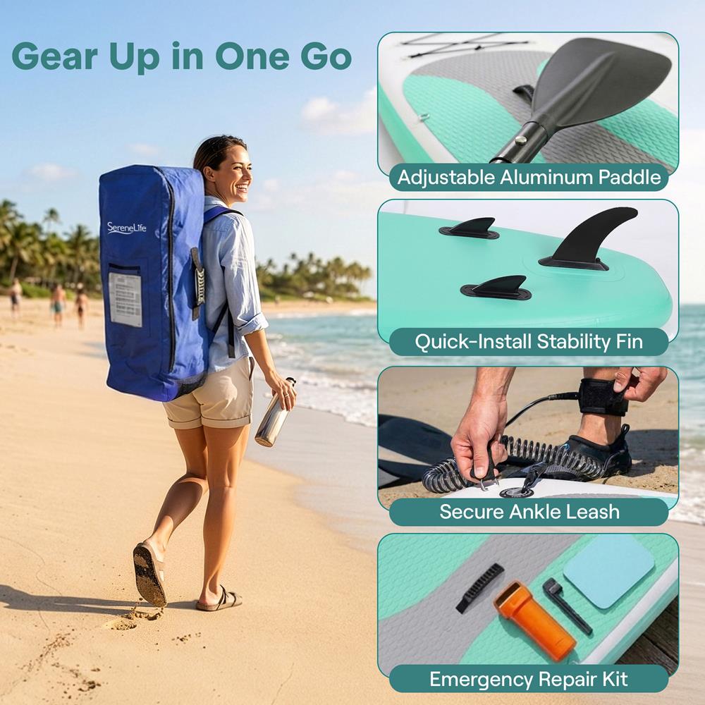 Inflatable Paddle Board - Stable Non-Slip Deck, PVC, 10' Teal