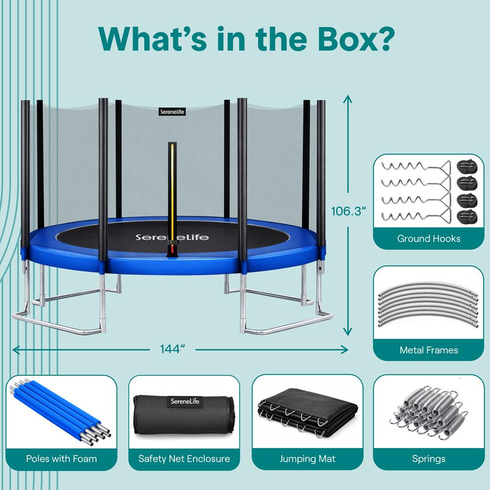 12FT Outdoor Trampoline - Safe Jumping, Reinforced Mat, Blue
