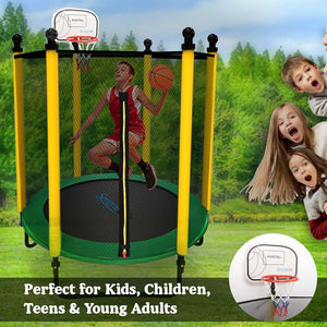 5Ft Outdoor & Indoor Mini Toddler Trampoline With Enclosure Safety Net Basketball Hoop - Outdoor & Indoor Jumping Fun Trampoline For Kids / Children, Basketball Hoop, Safety Net Cage (5 Ft.)