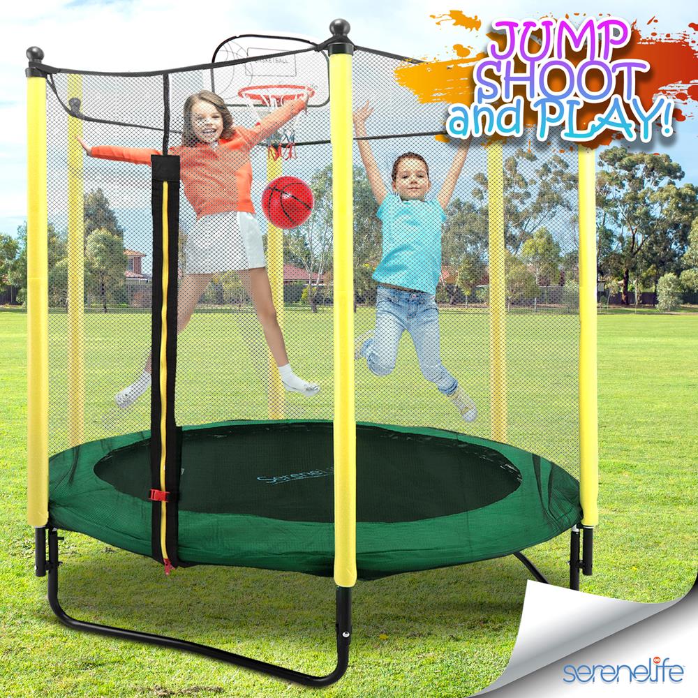 5Ft Outdoor & Indoor Mini Toddler Trampoline With Enclosure Safety Net Basketball Hoop - Outdoor & Indoor Jumping Fun Trampoline For Kids / Children, Basketball Hoop, Safety Net Cage (5 Ft.)