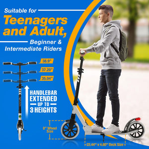 Lightweight And Foldable Kick Scooter - Adjustable Scooter For Teens And Adult, Alloy Deck With High Impact Wheels (Black And White)