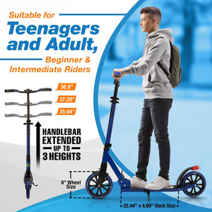 Lightweight And Foldable Kick Scooter - Adjustable Scooter For Teens And Adult, Alloy Deck With High Impact Wheels (Blue)