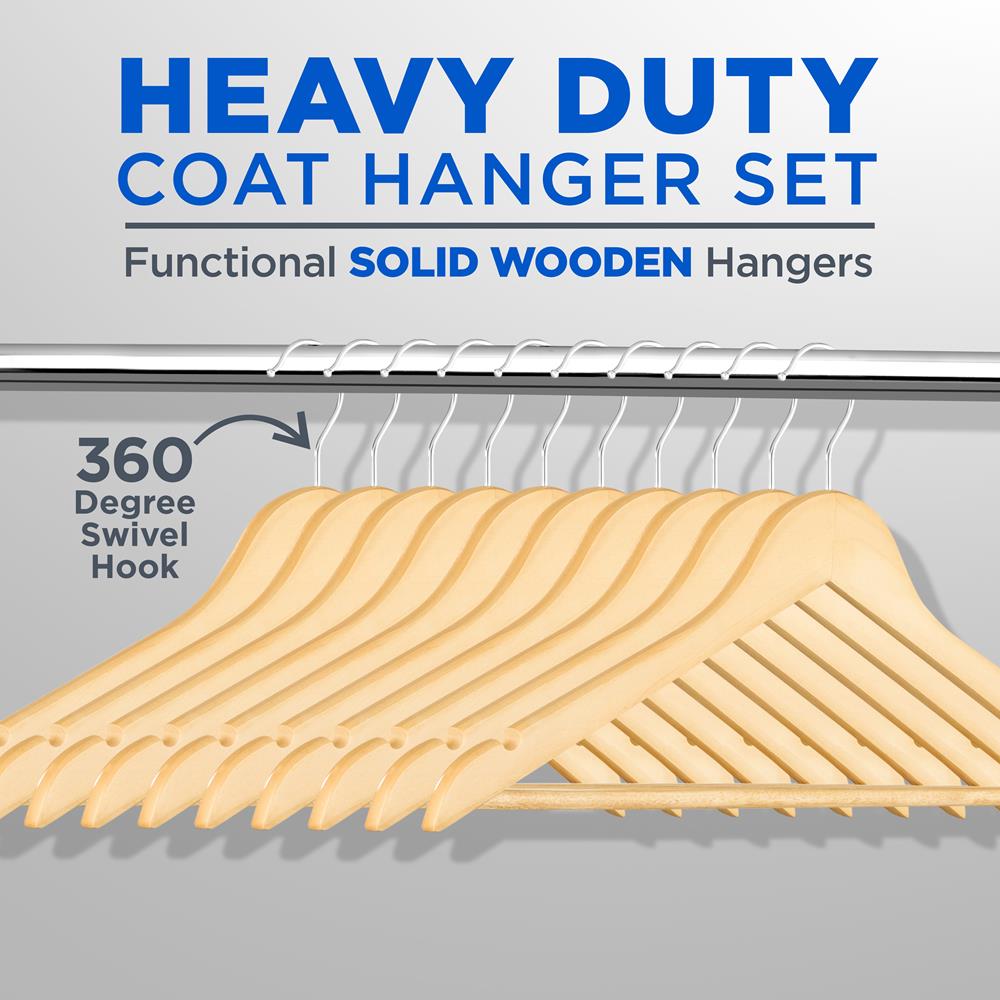 Wooden Hangers 50-Pack, Heavy Duty, 360° Swivel Hook, Natural Wood