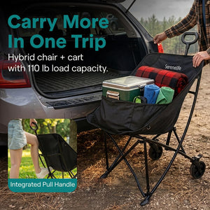 Serenelife Wheeled Cart Chair, Supports Weight Up To 220 Lbs. With Detachable Pillow, Locking Wheel Brake, Cup Holder And Carrying Bag Perfect For Camping Trips & Outdoor Gatherings (Black)