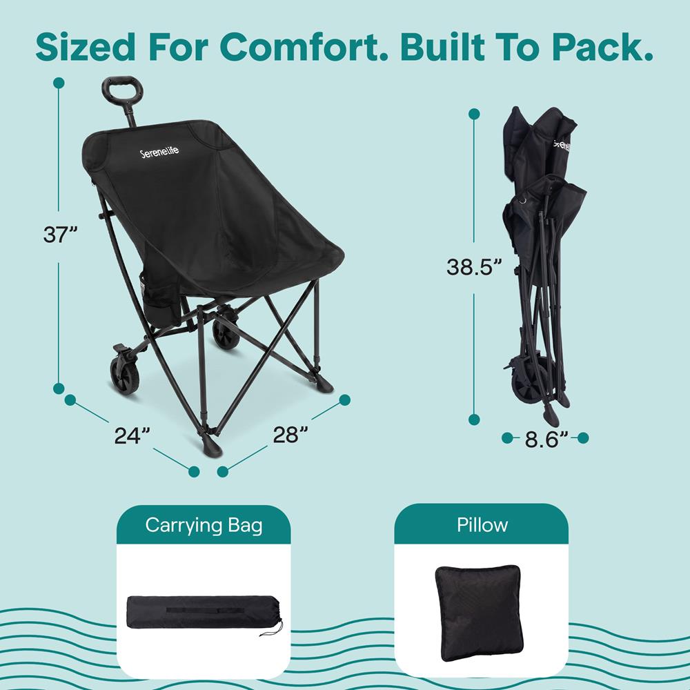 Serenelife Wheeled Cart Chair, Supports Weight Up To 220 Lbs. With Detachable Pillow, Locking Wheel Brake, Cup Holder And Carrying Bag Perfect For Camping Trips & Outdoor Gatherings (Black)