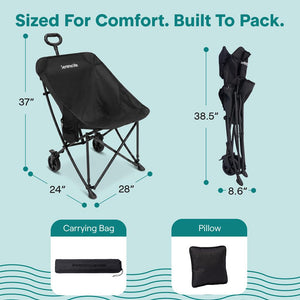 Serenelife Wheeled Cart Chair, Supports Weight Up To 220 Lbs. With Detachable Pillow, Locking Wheel Brake, Cup Holder And Carrying Bag Perfect For Camping Trips & Outdoor Gatherings (Black)