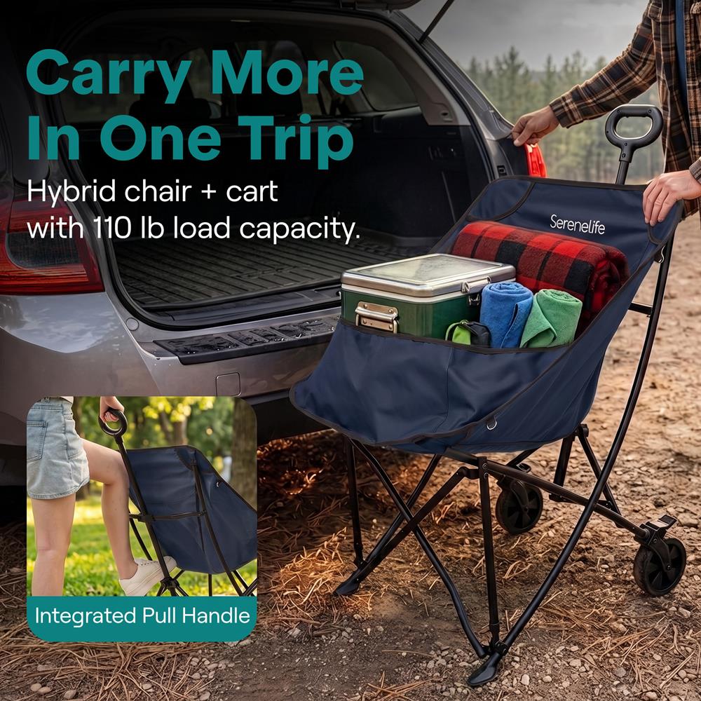 Serenelife Wheeled Cart Chair, Supports Weight Up To 220 Lbs. With Detachable Pillow, Locking Wheel Brake, Cup Holder And Carrying Bag Perfect For Camping Trips & Outdoor Gatherings (Blue)