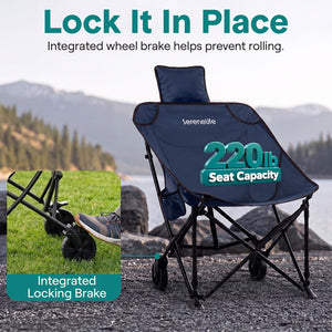 Serenelife Wheeled Cart Chair, Supports Weight Up To 220 Lbs. With Detachable Pillow, Locking Wheel Brake, Cup Holder And Carrying Bag Perfect For Camping Trips & Outdoor Gatherings (Blue)