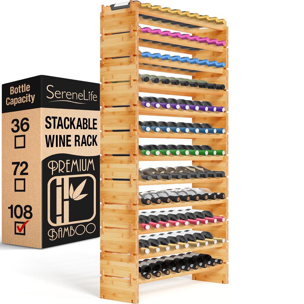 12 Tier Wine Shelf - Strong Frame Solid Bamboo For 108 Bottle Wine Capacity (Color)