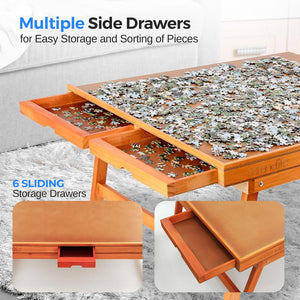 Wooden Puzzle Board Rack - Jigsaw Puzzle Table With Foldable Legs, 6 Storage & Sorting Drawers