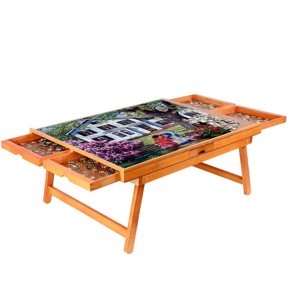 Wooden Puzzle Board Rack - Jigsaw Puzzle Table With Foldable Legs, 6 Storage & Sorting Drawers