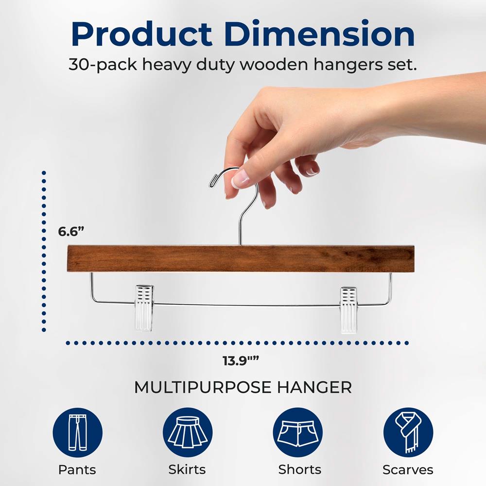 Wooden Pants Hangers 30 Pack - Non-Slip Clips, Swivel Hook, Retro Brown