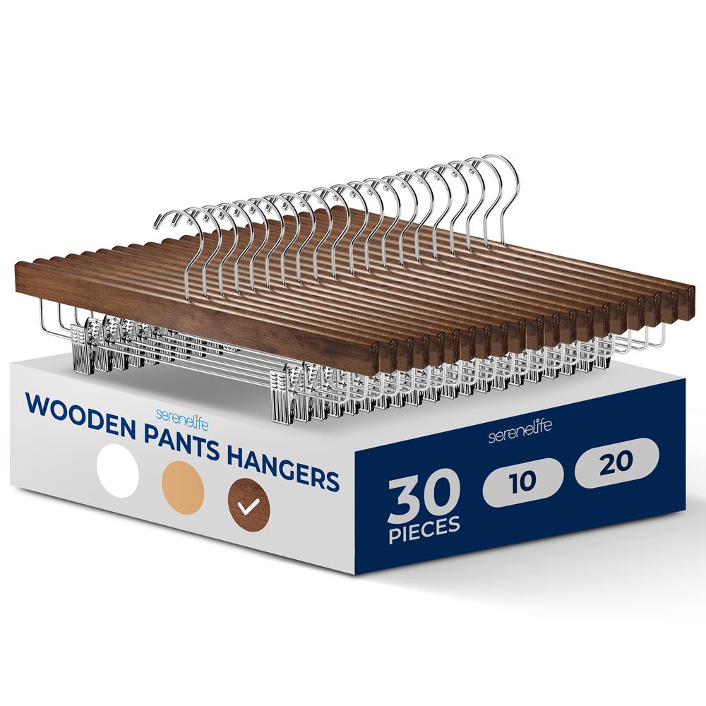 Wooden Pants Hangers 30 Pack - Non-Slip Clips, Swivel Hook, Retro Brown