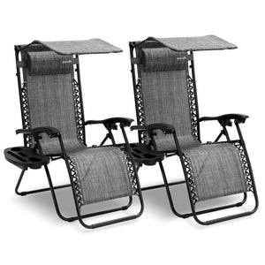 Outdoor Adjustable And Foldable Zero Gravity Lounge Chair Recliners With Canopy, Plastic Cup Holder Side Table And Pillow, 2 Pack, (Gray)