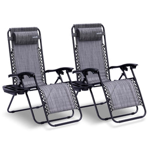 Outdoor Adjustable Zero Gravity Lounge Chair Recliners With Plastic Cup Holder Side Table And Padded Headrest Pillows, 2 Pack, (Gray)