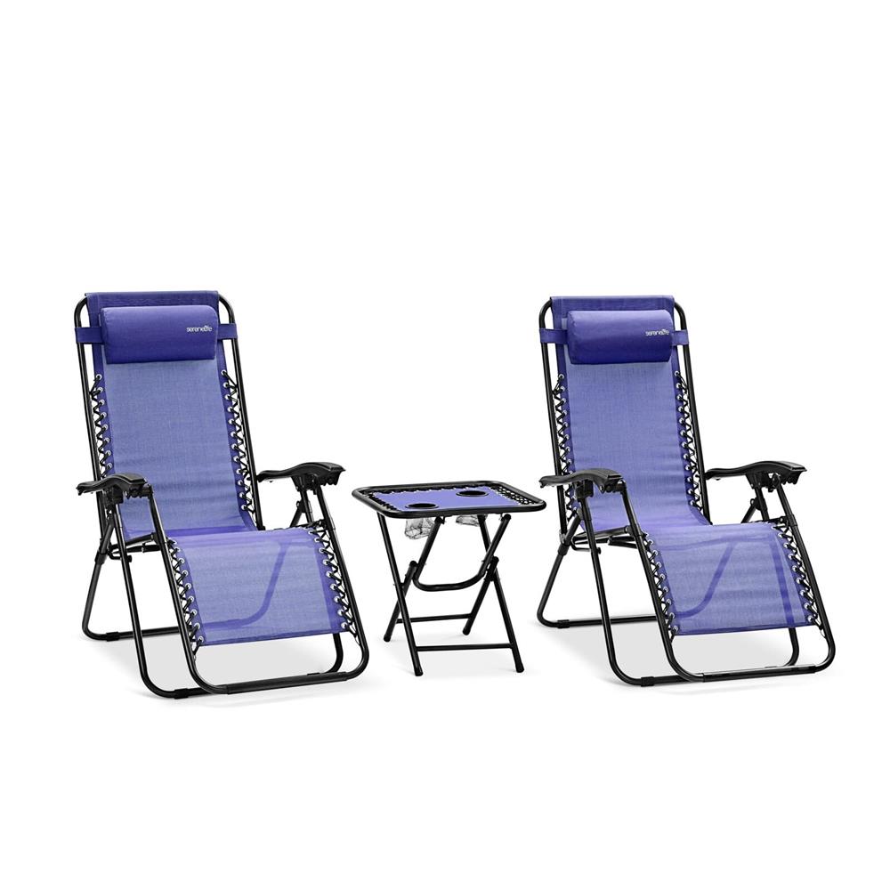 Outdoor Adjustable Zero Gravity Lounge Chair Recliners With Table And Padded Headrest Pillows, 2 Pack, (Navy Blue)