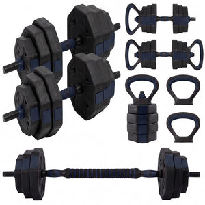 Squatz 4-In-1 Multifunctional 45 Lbs Adjustable Octagon Dumbbell Set With Barbell Connector, Kettlebell Handle, And Push-Up Handles For Home Gym Strength Training (Black And Navy)